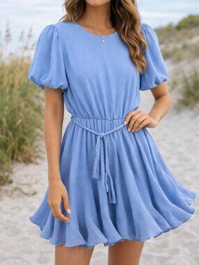 Cinderella Blue Fit + Flare Short Puff Sleeve Tie-Waist Dress 16